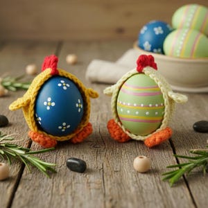 May include: Two decorated Easter eggs in handmade crochet chicken costumes. One egg is blue with white floral designs, the other is green with stripes. A bowl of decorated eggs sits in the background on a wooden surface.