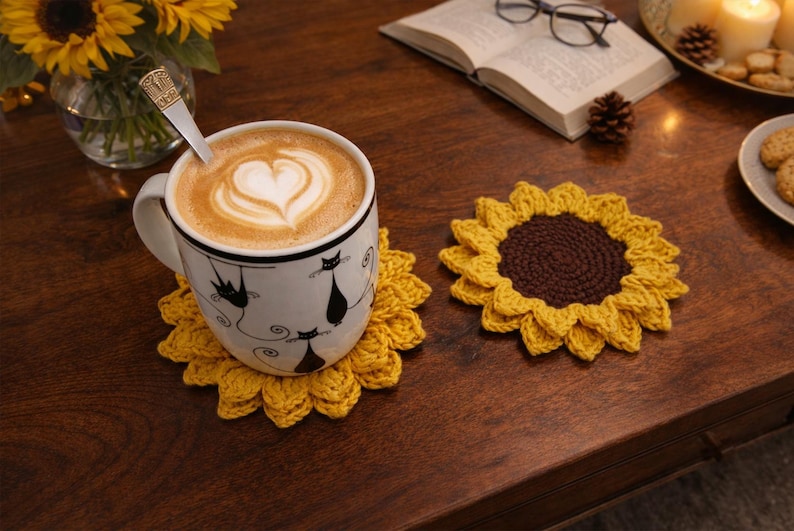 May include: A white mug with black cat silhouettes, filled with coffee and latte art, sits on a yellow crochet sunflower coaster. Another sunflower coaster is next to it. The scene is on a dark wooden table.