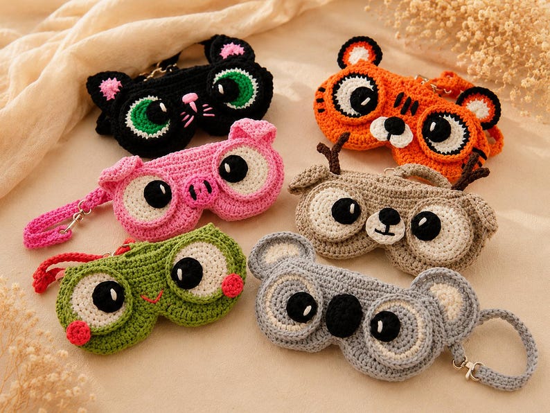 May include: A collection of handmade crochet eyeglass cases in various animal designs. The cases include a black cat, orange tiger, pink pig, tan deer, green frog, and gray koala. Each case features large, expressive eyes and a strap.