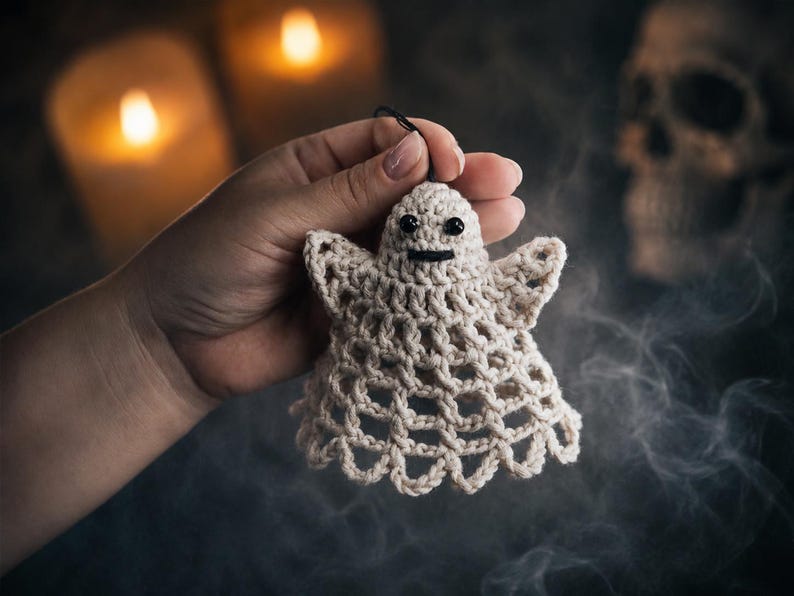 May include: A small, off-white crocheted ghost ornament featuring a delicate, open-work lattice pattern throughout its body. The ghost has two small, round black bead eyes and a simple, straight black embroidered line for a mouth.