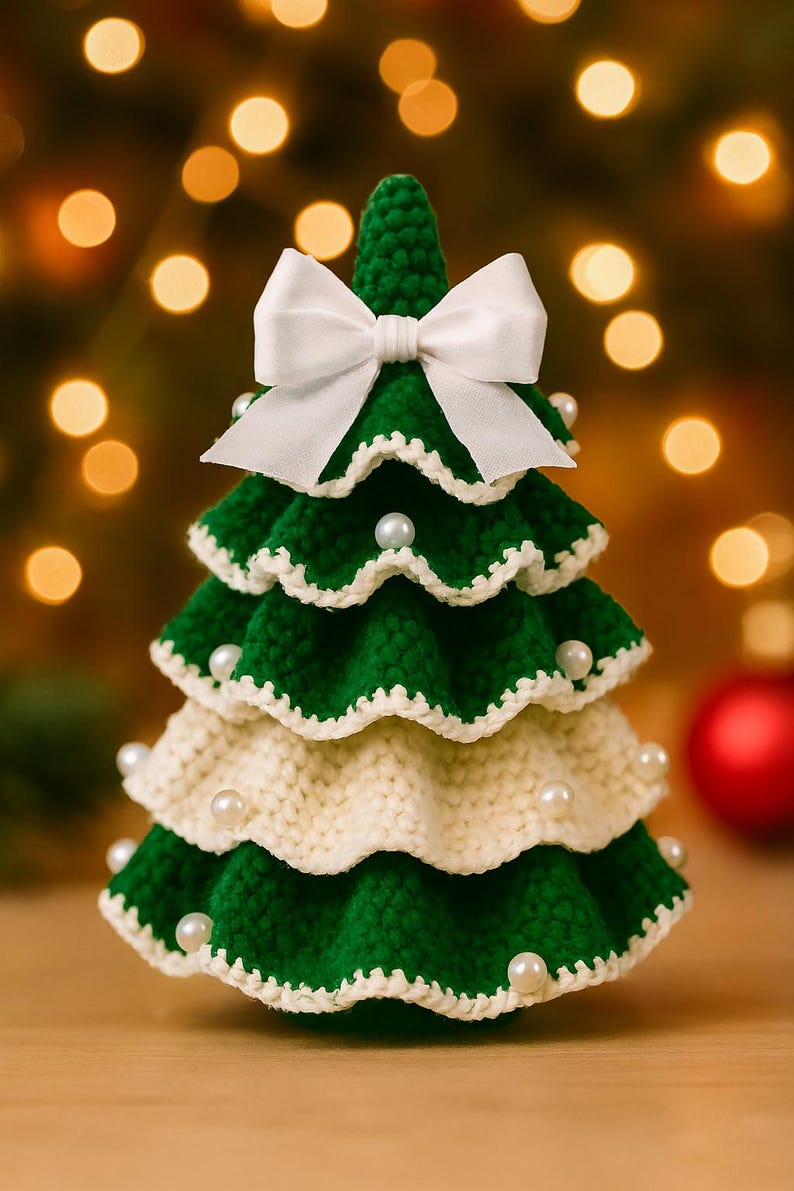 May include: A handcrafted, crochet Christmas tree in green and cream colors, adorned with white pearls and a white bow. The tree has a tiered design and is a festive holiday decoration.