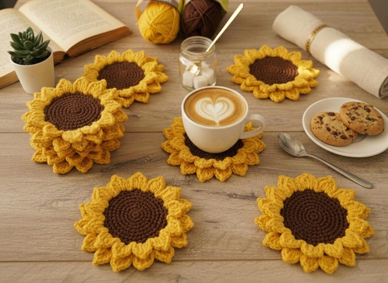 May include: Handmade crochet sunflower coasters in yellow and brown. The coasters are arranged on a wooden surface with a cup of coffee, cookies, and a book. The coasters are approximately 5 inches in diameter.