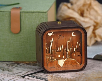 Benutzerdefinierte Harry Potter Hölzerne Handgemachte Spieluhr 3D Nachtlicht Spieluhr Geschenk Licht Personalisierte Spieluhr Magie Schule Jubiläum geschenk lampe