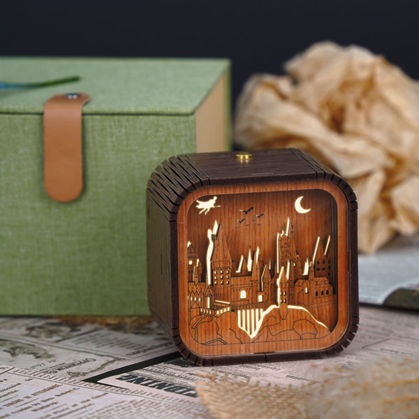 Boîte à musique personnalisée Harry Potter en bois faite main, veilleuse 3D, boîte à musique cadeau lumineuse, boîte à musique personnalisée, école de magie, anniversaire, lampe cadeau
