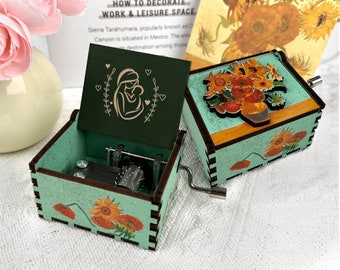 Mothers day gift Custom carved hand cranked Sunflowers wooden music box personalized cartoon music box for Mom Anniversary gift for Girl Her