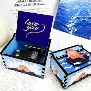Birthday Gift Custom carved hand cranked wooden music box personalized cartoon Mermaid music box for Kid Anniversary gift for girl her