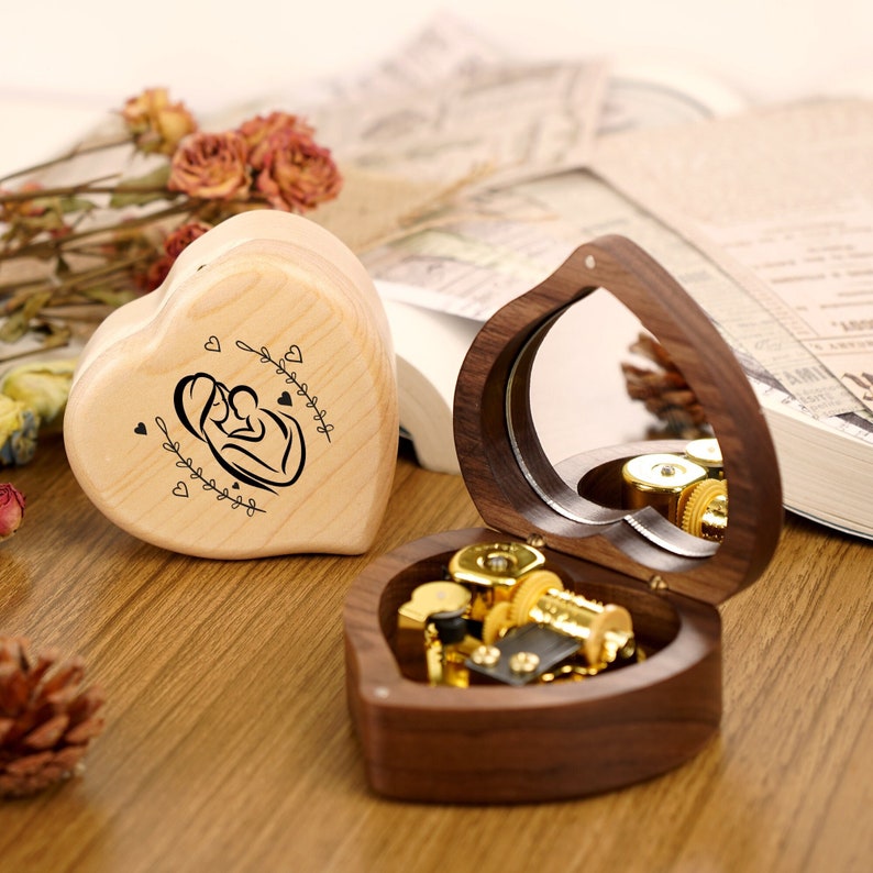 Custom Heart Shaped Music Box Customizable Wood Music Box Wedding Gifts Anniversary Gifts for Wife Vintage Wooden Music Box for Kids Mom Her image 1