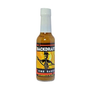 May include: A bottle of Backdraft Fire Sauce with a white cap and a label featuring a firefighter graphic. The label is orange and yellow with the words "BACKDRAFT" and "FIRE SAUCE". The bottle contains 5 fl. oz. (148ml) of sauce.