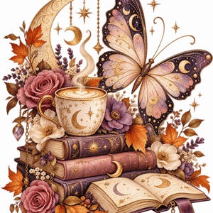 Celestial Butterfly Bookish PNG, Moonlit Coffee & Books Floral Design, Cozy Autumn Reader PNG, Whimsical Celestial Butterfly Sublimation