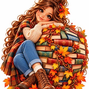 Autumn Bookish Girl PNG, Cozy Fall Reading Art, Vintage Book Sphere, Cute Reader Sublimation Design, Transparent PNG