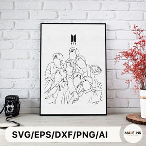 Op de afbeelding: Zwart-witte lijntekening van de zeven leden van de K-pop-groep BTS. De leden worden getoond in een groepsomhelzing, met het BTS-logo en het woord "BTS" erboven.