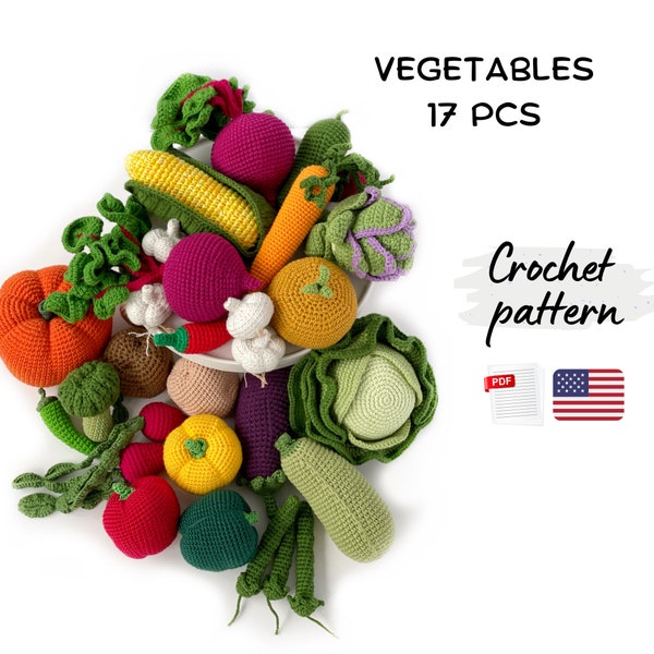 Modèle de légumes au crochet. Ensemble de légumes au crochet 17 en 1