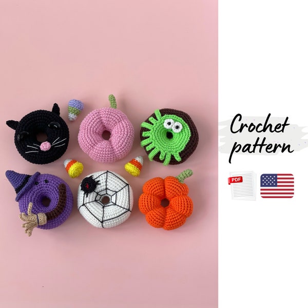 Crochet pattern donuts, crochet Halloween pattern. Crochet pumpkin pattern