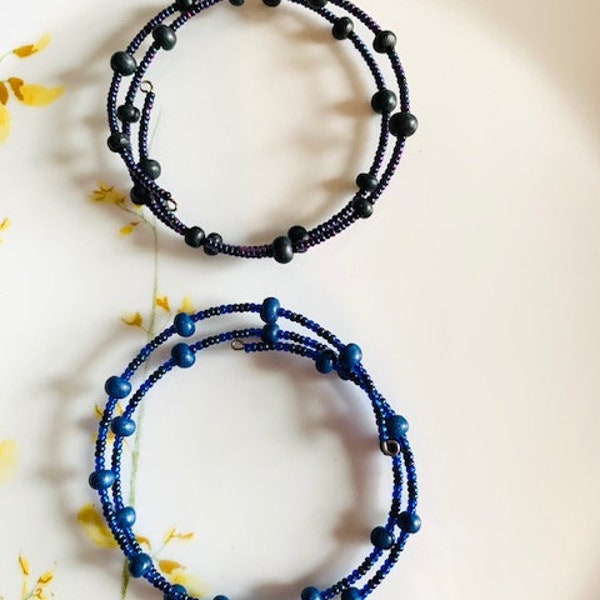 Coil Bracelets. Pretty Beaded One Of A Kind Coil Bracelets. Black Beads.  Blue Beads.  Two Coil Jewelry. Coil Beaded Jewelry. Wrap Bracelet.