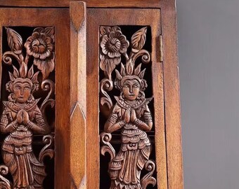 Handmade Jasmine Wood/Bedside table sofa/Wood carving with a pattern of a dancing priestess blessing/Eclecticfurniture/Artisanalcrafts/boho