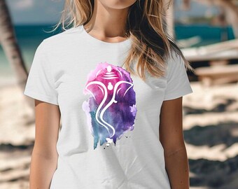 Camiseta de mujer algodón orgánico, camisas con estampado Ganesha coloridas, regalo para amante del yoga, regalo del Día de la Madre, top espiritual para ella, camisa blanca