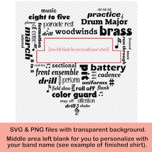 May include: Black and white word cloud with the words "music", "eight to five", "parade rest", "Drum Major", "woodwinds", "brass", "march", "drill", "battery", "cadence", "uniforms", "color guard", "attention", "step off", "shake", "sectional", "front ensemble", "perform", "field show", "roll off", "flank", "run through", "forward", "block", "dut dut dut", "practice", "at ease", "mark time" and "[area left blank for you to add your school]".