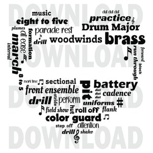 May include: Black and white word cloud with the words "music", "eight to five", "parade rest", "drill", "woodwinds", "brass", "practice", "Drum Major", "battery", "cadence", "uniforms", "roll off", "color guard", "step off", "attention", "drill", "shako", "march", "front ensemble", "run through", "forward block", "sectional", "mark time", "stride", "perform", "flank", "dut", "dut", "dut", "8 to 5", "interval", "at ease", "formation", "plumes".