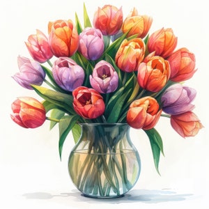 13 Watercolor Bouquet Of Tulips In Vase Clipart Set, Spring Flowers Bouquet, High Quality JPGs, Digital download, Paper craft, Junk journal