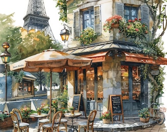 Könnte beinhalten: Ein Aquarellgemälde eines Pariser Cafés mit einem Sonnenschirm, Tischen und Stühlen. Das Café hat ein Schild mit der Aufschrift "Souvenirs Prix" und ein Fenster mit einem Schild mit der Aufschrift "Für Besucher". Der Eiffelturm ist im Hintergrund zu sehen.