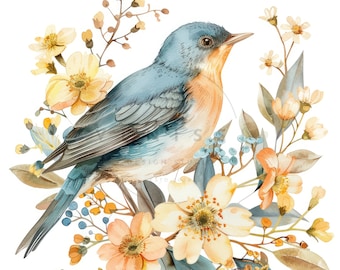 11 Vintage Bird In Flowers Clipart, Watercolor Floral Bird Clipart, Printable High Quality JPGs, Digital download, Paper craft, Junk journal