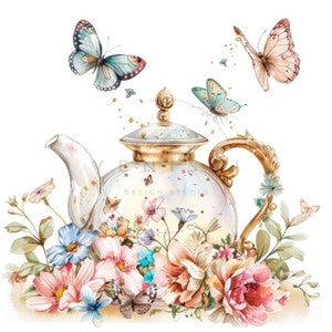 16 fleurs florales avec des cliparts de paillettes dorées, des cliparts aquarelle de théière en verre, JPG de qualité, téléchargement numérique, créations en papier, journaux indésirables