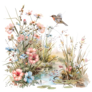 Pack de 10 cliparts oiseaux et fleurs sauvages, clipart oiseau aquarelle, fichiers JPG haute qualité imprimables, téléchargement numérique, créations en papier, journal indésirable