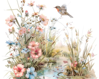 10 Bird And Wildflowers Clipart Pack, Watercolor Bird Clip Art, Printable High Quality JPGs, Digital download, Paper craft, Junk journal