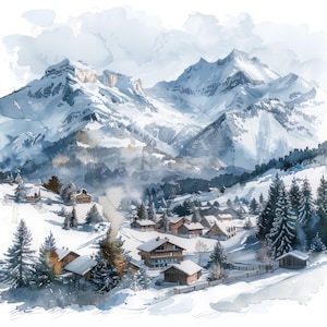 12 Clipart di montagne di paesaggi invernali, clipart di montagna ad acquerello, JPG stampabili di alta qualità, download digitale, artigianato con la carta, diari spazzatura
