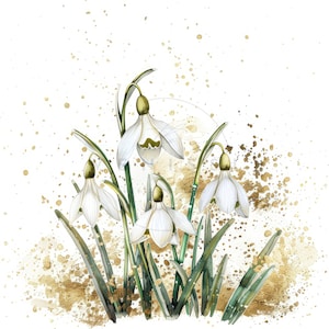 10 Snowdrops With Golden Glitter Clipart, Watercolor Snowdrops Clipart, High Quality JPGs, Digital download, Paper craft, Junk journals
