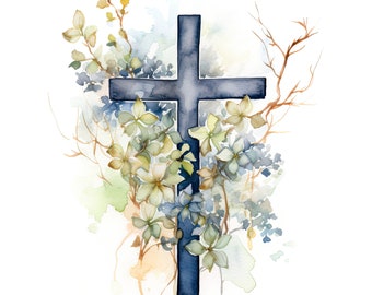 23 Easter Christian Crucifix Cross Clipart, JPGs, Spring, Watercolor Cross Greenery Clipart, Clipart Pack Bundle, Printable Digital Art #7