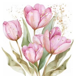 16 Pink Tulips Flowers With Golden Glitter Clipart, Watercolor Tulips Clipart, Quality JPGs, Digital download, Paper Craft, Junk Journals
