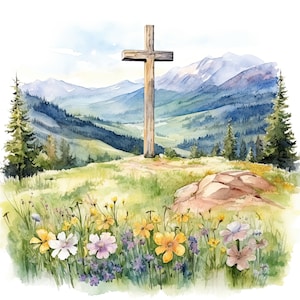 23 Easter Christian Crucifix Cross Landscape Clipart, JPGs, Spring, Watercolor Cross Greenery Clipart, Clipart Pack Bundle, Printable Art #8