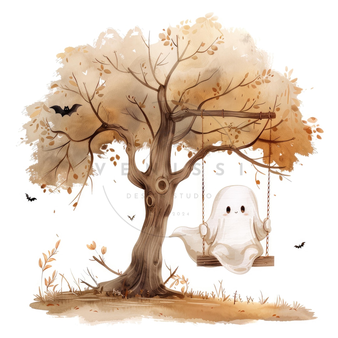 15 Swing in Tree Clipart, Watercolor Ghost on Tree Swing Clipart ...
