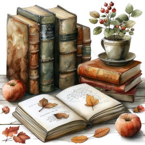 Peut inclure: Une pile de livres anciens reliés en dur avec des dos marrons, verts et bleus. Les livres sont disposés sur une surface blanche avec un petit livre ouvert, une pomme rouge et une petite plante en pot avec des baies rouges.