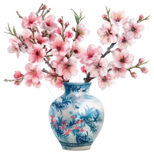 14 Blooming Sakura In Vase Clipart, Watercolor Cherryblossom Clipart, High Quality JPGs, Digital download, Paper Craft, Junk Journals
