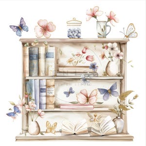 12 imágenes prediseñadas de estantería floral, estantería de acuarela con imágenes prediseñadas de libros, JPG imprimibles de alta calidad, descarga digital, artesanía en papel, diarios basura