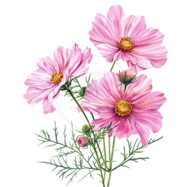 12 Watercolor Pink Cosmos Flowers Clipart Pack, Spring Flowers Clipart, High Quality JPGs, Digital download, Paper craft, Junk journals