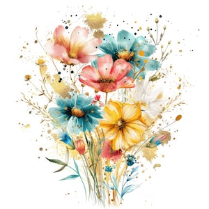 10 buquê de flores de primavera clipart de brilho dourado, clipart de flores em aquarela, JPGs de alta qualidade, download digital, artesanato em papel, diário indesejado