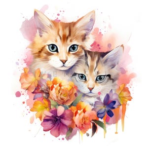 19 Clipart de dois gatinhos em flores, clipart floral de gato, JPG de alta qualidade para impressão, download digital, artesanato em papel, diários indesejados