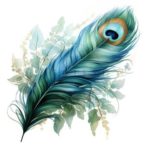 17 Peacock Feather Clipart, Watercolor Peacock Feather Clipart, Printable High Quality JPG, Digital download, Paper craft, Junk journals
