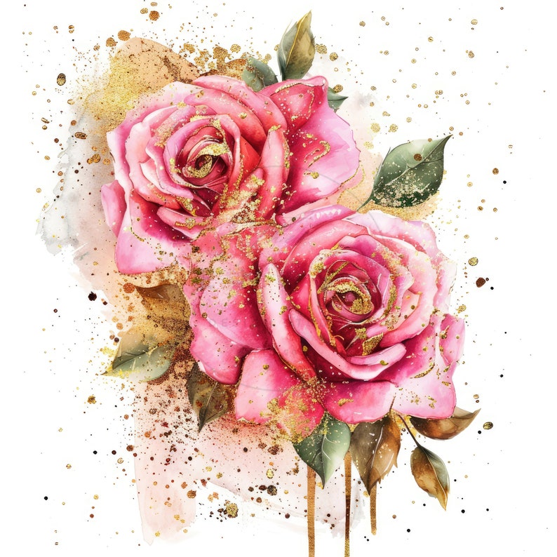 13 Pink Roses With Golden Glitter Clipart, Pink and Gold Roses Clipart ...