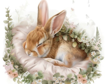 Easter Bunny Sleeping Rabbit Clipart High Quality 1 JPG  Watercolor Floral Printable Flowers Spring Digital Wall Art Card Making Print P34
