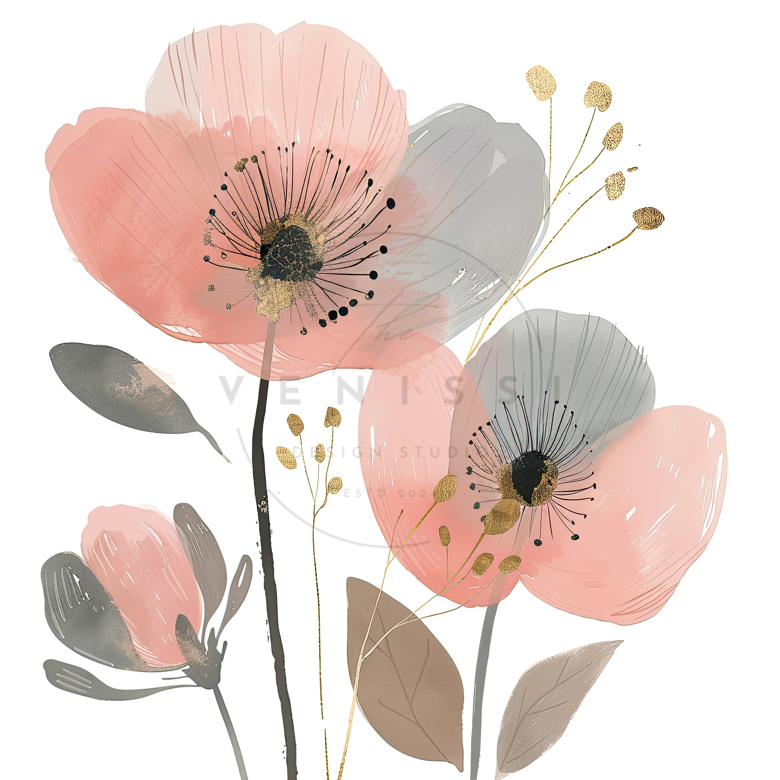 10 Abstract Blush Pink Grey Gold Flowers Clipart, Printable High