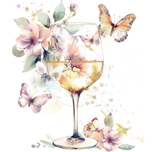 20 bloemen wijnglas clipart, aquarel glas wijn clipart, viool print, hoge kwaliteit JPG, digitale download, Paper Craft, Junk Journal