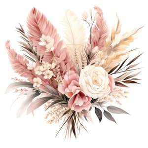 12 Boho Bouquet Clipart, Bouquet minimalista con erba della pampa Clipart, acquerello stampabile, JPG di alta qualità, download digitale, artigianato di carta