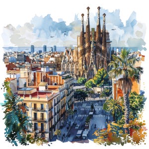 15 zomer in Barcelona Clipart, aquarel Spaanse stad illustraties, afdrukbare hoge kwaliteit JPG's, Digitale download, Papercraft, Junkjournals