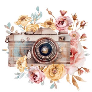 12 Blumen Foto Kamera Aquarell Clipart, Vintage Kamera Druck, druckbare hochwertige JPGs, digitaler Download, Papiermodell, Junk Journals