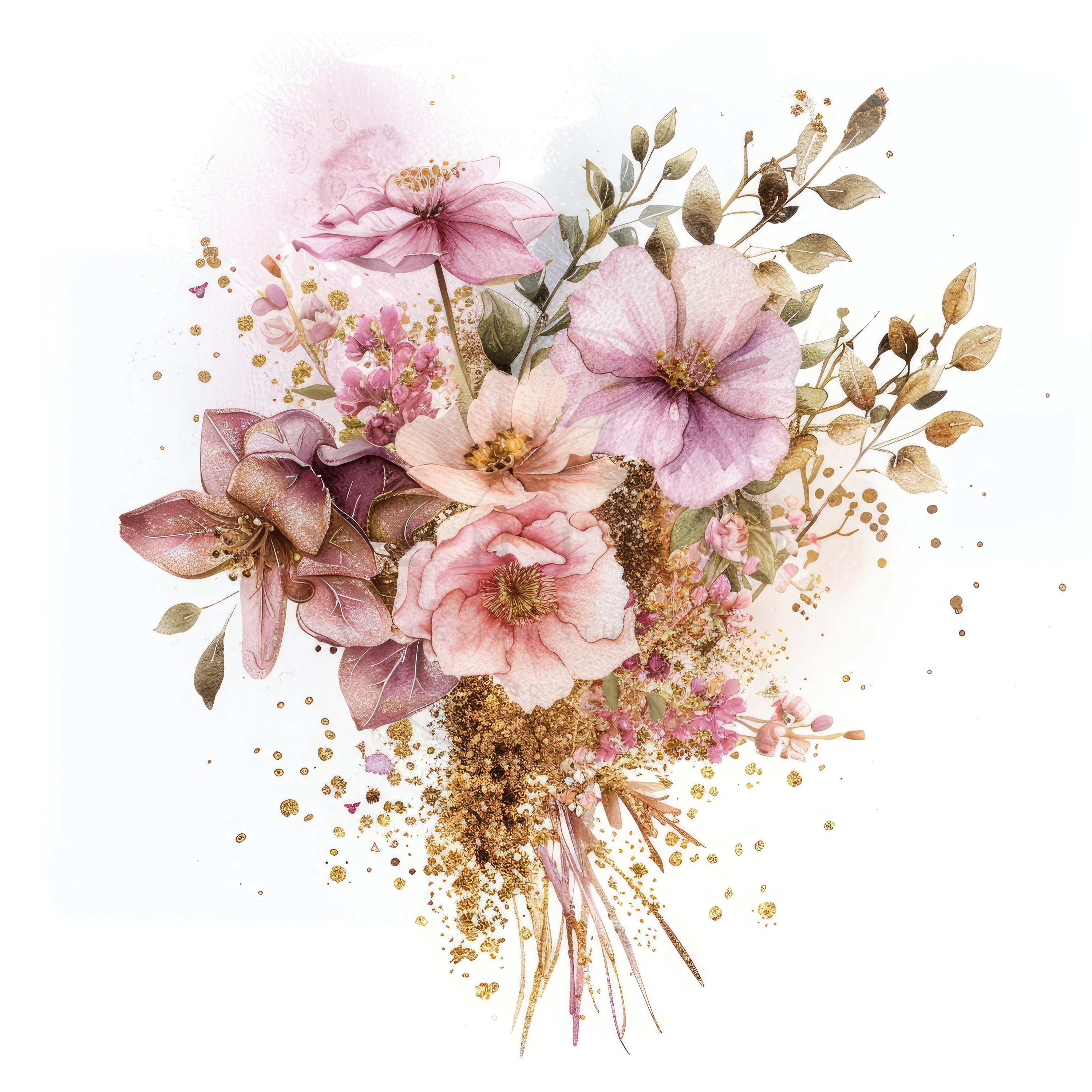 11 Wedding Pink Pastel Flowers Bouquet With Golden Glitter Clipart ...