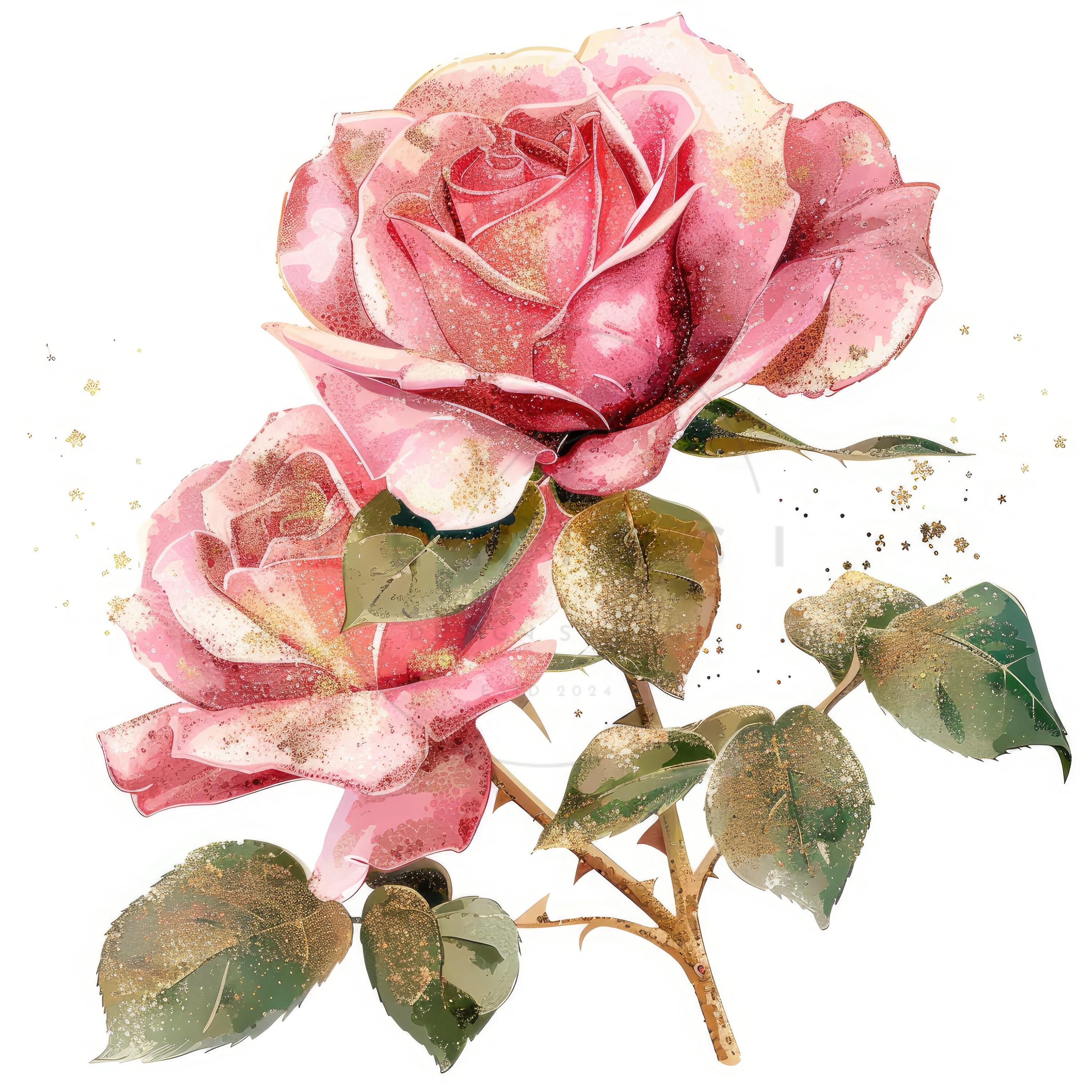 13 Pink Roses With Golden Glitter Clipart, Pink and Gold Roses Clipart ...